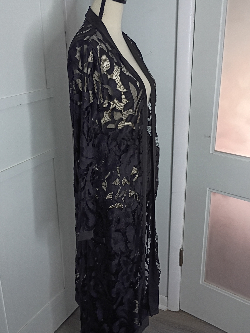 See-Thru Black Lace Long Duster And Matching Pants 2- Piece Set - Picture 3 of 6